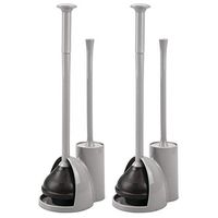 mDesign Modern Slim Compact Freestanding Plastic Toilet Bowl Brush Cleaner and Plunger Combo Set Kit with Holder Caddy for Bathroom Storage and Organization - Covered Lid Brush, 2 Pack - Gray