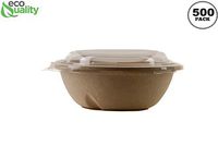 500 Count - EcoQuality 24oz Round Deep Disposable Bowls with Lids Natural Sugarcane Bagasse Bamboo Fibers Sturdy Compostable Eco Friendly Environmental Paper Plastic Bowl Alternative Tree Free