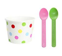 [ Momoka's Apron ] 48 ct Treat (Hot / Cold Ice Cream) Paper Cups with Pink & Green Spoons Set - Polka Dot (12 oz)