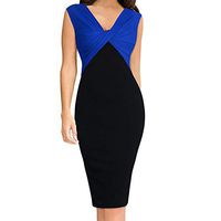 Women Summer Fashion Patchwork Fold Sleeveless Dress V-Neck Slim Fit Sheath Dress (Blue, XX-Large)