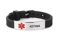 Asthma Medical Alert ID Bracelet Silicone Wristband for Kids Women Men Black