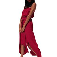 refulgence Side Split Jumpsuit for Women Off Shoulder Loose Long Pants Jumpsuit with Belt (Red,L)