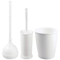 mDesign Modern Plastic Bathroom Storage and Cleaning Accessory Set - Includes Toilet Plunger with Cover, Freestanding Toilet Bowl Brush and Holder, Small Round Wastebasket, Set of 3 - White