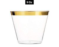 Premium 9 Oz Gold Rimmed Disposable Clear Plastic Cups - 9oz - 100 Pack - Events, Weddings and Party Tumblers (Gold Trim) | Stylish Party Tableware Accessory | 1.2 mm Gold Rim