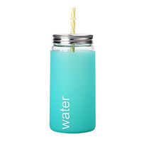 Glass Tumbler Mug with Straw Lid Insulated Silicone Protective Sleeve Mason Jar Tumbler Cup with Straw- Idea for Ice Coffee, Tea,Beverage & Cold Drinking (Mint Green,500ml/17.6oz)