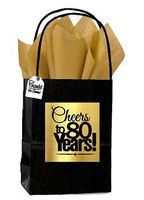 Black & Gold 80th Birthday/Anniversary Cheers Themed Small Party Favor Gift Bags with Tags -12pack