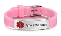 JF.JEWELRY Type 2 Diabetes Medical Alert ID Bracelet for Women with Silicone Wristband -8 Size Adjustable,Pink