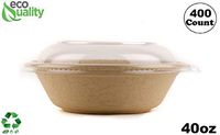 400 Count - EcoQuality 40oz Round Disposable Bowls with Dome Lids Natural Sugarcane Bagasse Bamboo Fibers Sturdy Compostable Eco Friendly Environmental Paper Plastic Bowl Alternative Tree Free