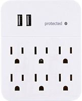 GE USB Charging Station Surge Protector Outlet Adapter, 6 Outlets, 2 USB ports, Wall Tap, Protected Indicator Light, 3 Prong, 560 Joules, 2.1A USB, UL Listed, White, 36735