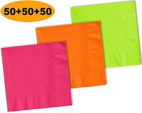 150 Beverage Napkins, Electric Pink, Pumpkin Orange, Lime Green - 50 Each Color. 2 Ply Paper Cocktail Napkins. 5" folded, 10" unfolded.