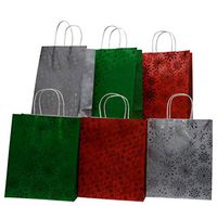 Christmas Gift Bags Large Size Kraft Paper with Hot Stamp, in Assorted Colors Red, Green and Silver with Handle, for Gift Giving and Holiday Party Favors - 10 x 12 Inch (Set of 12)