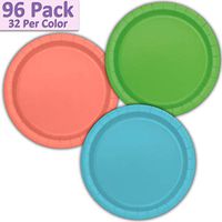 96 Paper Dinner Plates (9") - Lime Green, Coral, Aqua - 32 Per Color, 3 Colors - Great Assortment for Birthday Parties, Weddings, Holidays, Baby Shower, Celebrations, and more