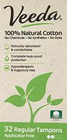 Veeda 100% Natural Cotton Applicator Free Tampons Super Absorbent Comfort Digital Regular Tampons Chlorine Toxin and Pesticide free, 3 Packs of 32 Count Each