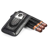 Cigar Case, Black Leather Cigar Travel Case Holder for 3 Cigars with Cutter Set for Shirt Pockets Golf Cart or Travel