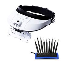 Jiusion Dual Lens Head Mount Headband Illuminating Magnifier with 9pcs Precision Tweezers Set, 2 LED Lights Magnifying Jeweler Loupe 5 Detachable Glasses for Reading Jewelry Watch Electronic Repair