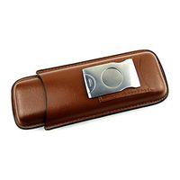 Genuine Leather Pocket Cigar Travel Holder, Ehonestbuy 2 Compartments Mini Humidor Case with Cigar Cutter (Smooth Brown)