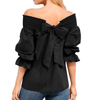 Meikosks Ladies Puff Sleeve Blouse Bow Bandage T Shirt Off Shoulder T-Shirts Solid Color Tops Black