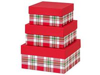Christmas Nested Gift Box Tower, Set of 3 Stackable Square Nesting Gift Boxes with Lids, Classic Green and Red Plaid