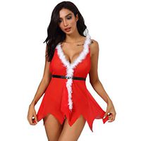 Hooded Christmas Lingerie for Women Sexy Lace Babydoll Red Santa V-Neck Backless Hooded Nightwear (XL,Red)