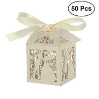 ROSENICE Wedding Sweets Boxes 50pcs Candy Gift Favour Box Couple Design Luxury Lase with Ribbon Table Decorations (Creamy-White)