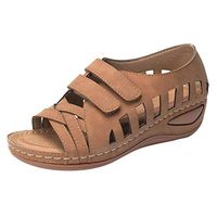 Women's Peep Toe Hollow Out Wedges Shoes Hook & Loop Casual Soft Comfort Sandals Brown