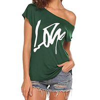 Meikosks Women's Letter Print T-Shirts Short Sleeve Off Shoulder Pullover Loose Blouses Tops Green