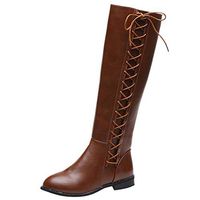 HebeTop Womens Combat Faux Leather Zipper Lace Up Square Heel Knee High Combat Boots Brown