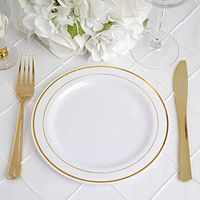Efavormart 50 Pcs - White with Gold 7.5" Round Disposable Plastic Plate for Wedding Party Banquet - Tres Chic Collection