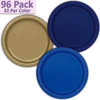 96 Paper Dinner Plates (9") - Navy Blue, Gold, Royal Blue - 32 Per Color, 3 Colors - Great Assortment for Birthday Parties, Weddings, Holidays, Baby Shower, Celebrations, and more