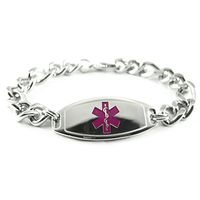 My Identity Doctor - Custom Engraved Men's Medical Alert Bracelet, 8mm Steel, Thick Figaro Chain - Purple - Wrist Size 8.5 Inch