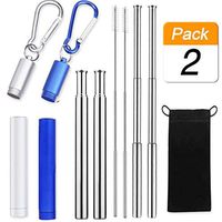HINIDESPE UPGRATED 2 Pack Collapsible Reusable Straw with case, Portable Final Metal telecopic Drinking Straw with Aluminum case & Cleaning Brush Silber/Blue