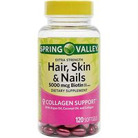 Spring Valley Extra Strength Hair, Skin & Nails 5000mcg Biotin per Serving Dietary Supplement Collagen Support, 120 softgels