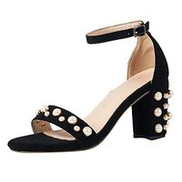 Cenglings Womens Plus Size Open Toe Pearl High Chunky Heel Pumps Shallow Breathable Party Shoes Platform Ankle Strap Sandals(Black,38)