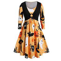 Vivilpus Halloween Women Vintage Long Sleeve Round Neck Halloween Housewife Print Knotted Round Back Petticoat Hepburn Halloween 50s Housewife Fashion Evening Party Prom Skirt