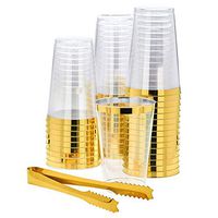 100 Gold Rimmed Plastic Cups and 1 Gold Ice Tong Set - 14 Ounce Disposable Cocktail Glasses - Fancy Wine Tumblers for Weddings, Birthdays, Engagements, and Bridal Showers - Elegant Party Supplies
