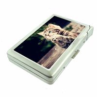 Cigarette Case with Built in Lighter Silly Cat Kitten S6 Smoking King Size Cigarettes Silver Metal Wallet 4" X 2.75" RFID Protection