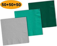 150 Beverage Napkins, Shimmering Silver, Teal, Hunter Green - 50 Each Color. 2 Ply Paper Cocktail Napkins. 5" folded, 10" unfolded.
