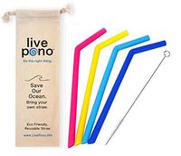 Eco Friendly 10" Silicone Straws - Set of 4 with one Cleaning Brush in a Cotton Travel Pouch (Assorted Colors Included: Sky Blue, Pink, Yellow, Royal Blue)