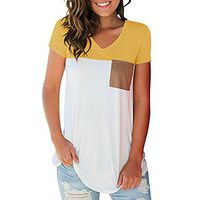 Theoylos Women's T-Shirts Pockets V Neck Short Sleeve Ladies Casual Color Block T-Shirts Loose Comfort Tops Yellow