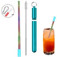 Collapsible Reusable Straws,Portable Telescopic Stainless Steel Metal Drinking Foldable Straw with Carrying Case Cleaning Brush Silicone Tips Keychain （Blue Rainbow）