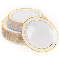 60 Elegant Heavy Duty White with Gold Rim Wedding Plastic Plates, 2 Sizes (30 Dinner Plates 10.25inch & 30 Salad Plates 7.5inch)| Sturdy, Disposable & Reusable Party Plates Dinnerware Set.