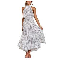 BBFairy Womens Summer Halter Neck Floral Print Sleeveless Casual Dress Beach Long Sundress White