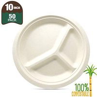 Biomundi 100% Compostable 10" 3-compartment Paper Plates [50-pack] Heavy-duty Quality Natural Disposable Bagasse, Eco-friendly Made Of Sugar Cane Fibers, 10 Inch, Brown Biodegradable