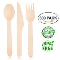 Eco Friendly Disposable Wooden Utensils: Birch Wood Home Kitchen Cutlery Flatware Set - Non Toxic Rustic Biodegradable Compostable Dinner and Party Kitchenware Forks, Spoons and Knives - 300 Count