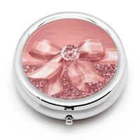 Illians Pill Organizer Rose Gold Ribbon and Bling Glitter & Jewel Custom Round Silver Pill Box Pocket Medicine Tablet Holder for Parent Patient