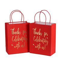 LaRibbons Medium Size Gift Bags - Gold Foil"Thanks for celebrating with us" Red Paper Bags with Handles for Wedding, Birthday, Baby Shower, Party Favors - 25 Pack - 8" x 4" x 10"