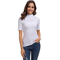 Xia&Han Women Turtleneck Shirts Solid Blouse Short Sleeve Tunics Stretchy Comfy Tops Slim Fit Pullover White