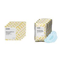 Amazon Brand - Solimo Plastic Applicator Tampons, Regular Absorbency, Unscented, 144 Count (4 Packs of 36) & Solimo Ultra Thin Pads with Flexi-Wings for Periods, Regular Absorbency, Unscented