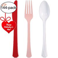 Tiger Chef Red, Pink and White Valentine Flatware Party Supplies, Heavyweight Colored Plastic Silverware Includes 48 Forks, 48 Teaspoons, and 48 Knives (Valentine , 144)