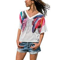 JQjian Womens Summer Sunscreen T Shirt Casual Feather Short Sleeve V Neck Daily Tee Blouse Tops (S, White)